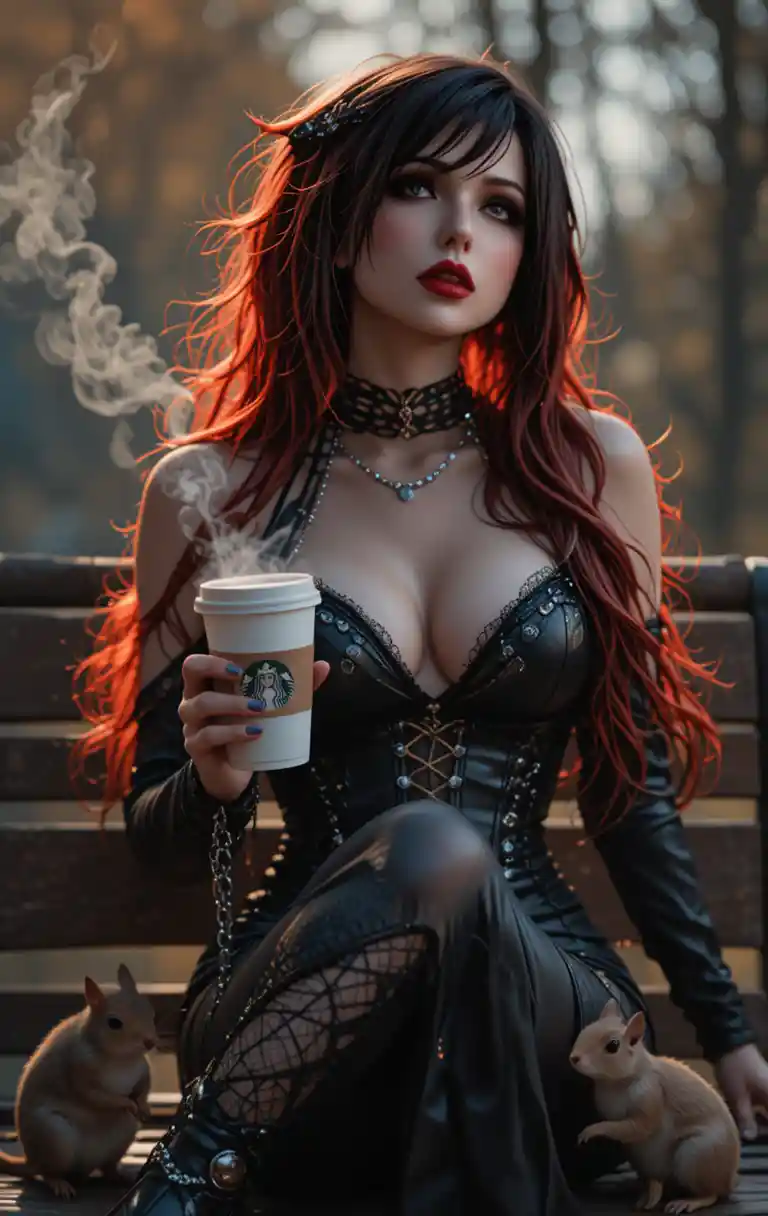 Mysterious red haired woman on a park bench