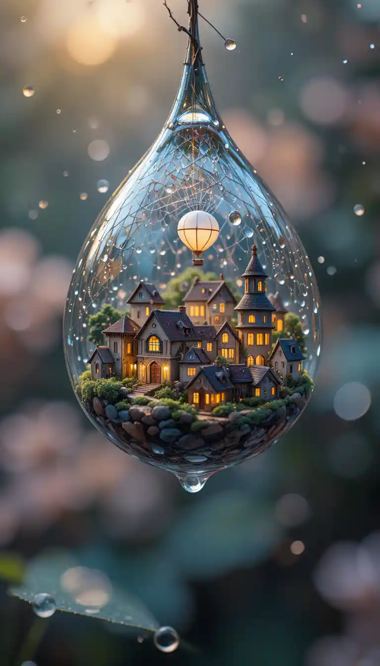 Miniature fantasy city inside a glowing raindrop