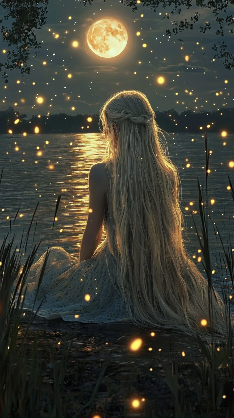 Blonde woman at tranquil lakeside in firefly dusk