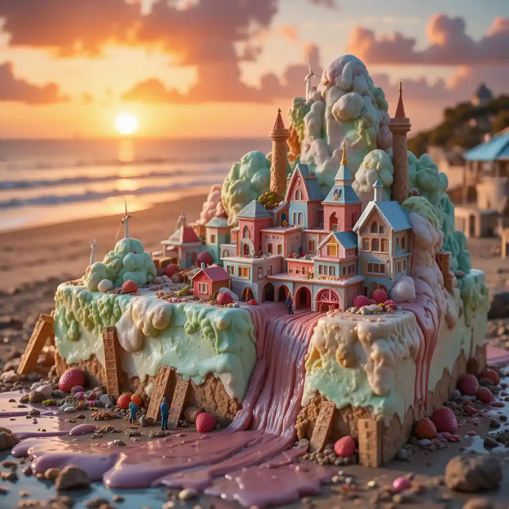 Miniature city built on melting ice cream landscape