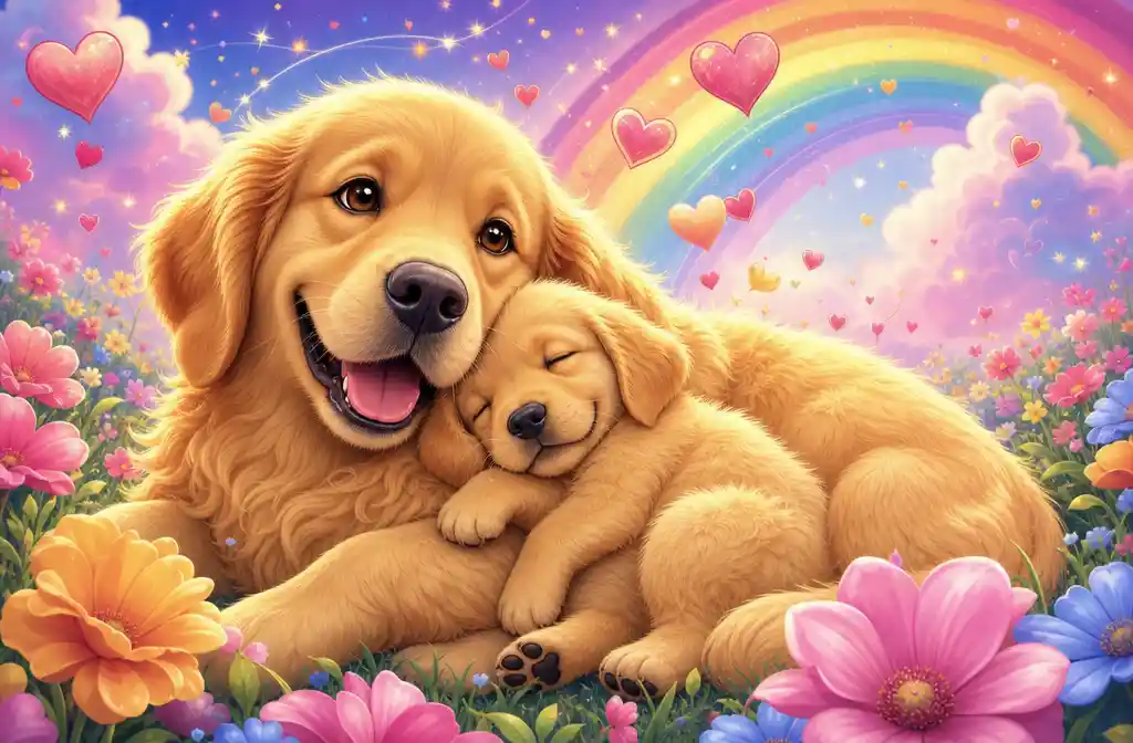 Cute golden retriever puppy cuddling with its mother