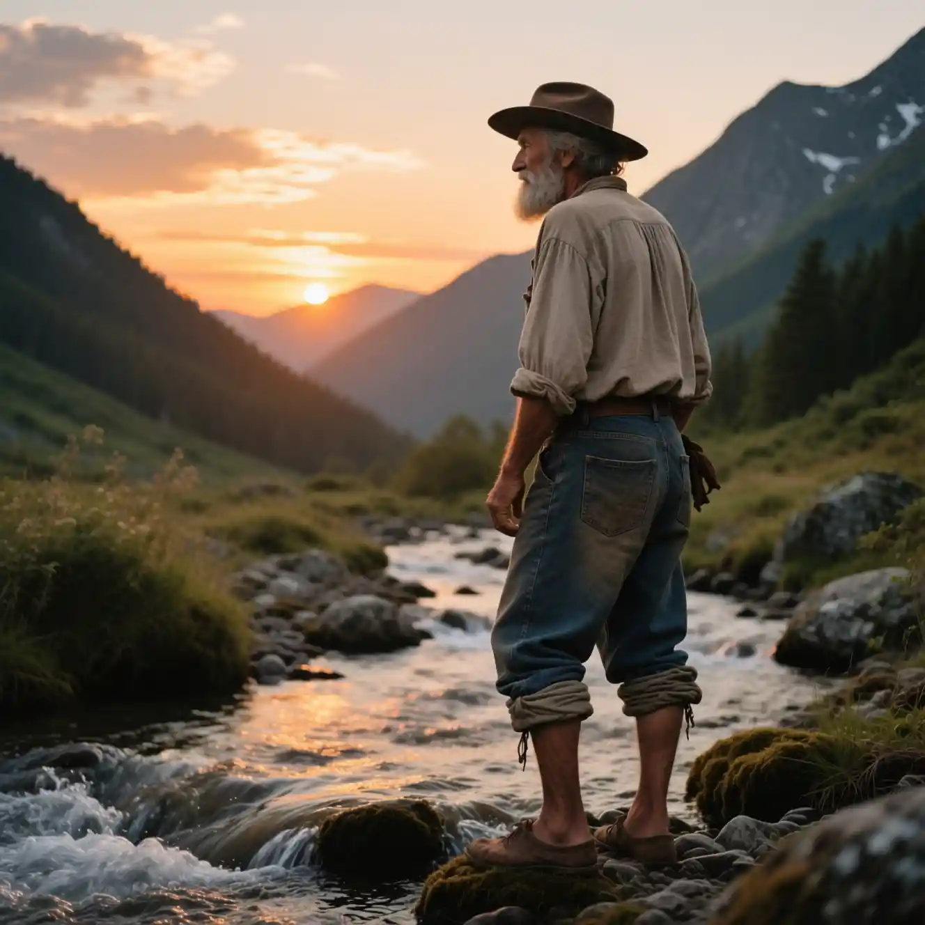 Man standing in mountain stream watching a calm sunset