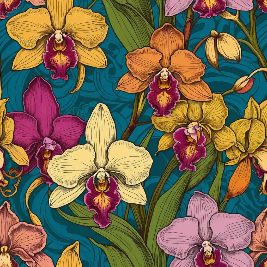 Art Nouveau orchids with flowing botanical linework in color