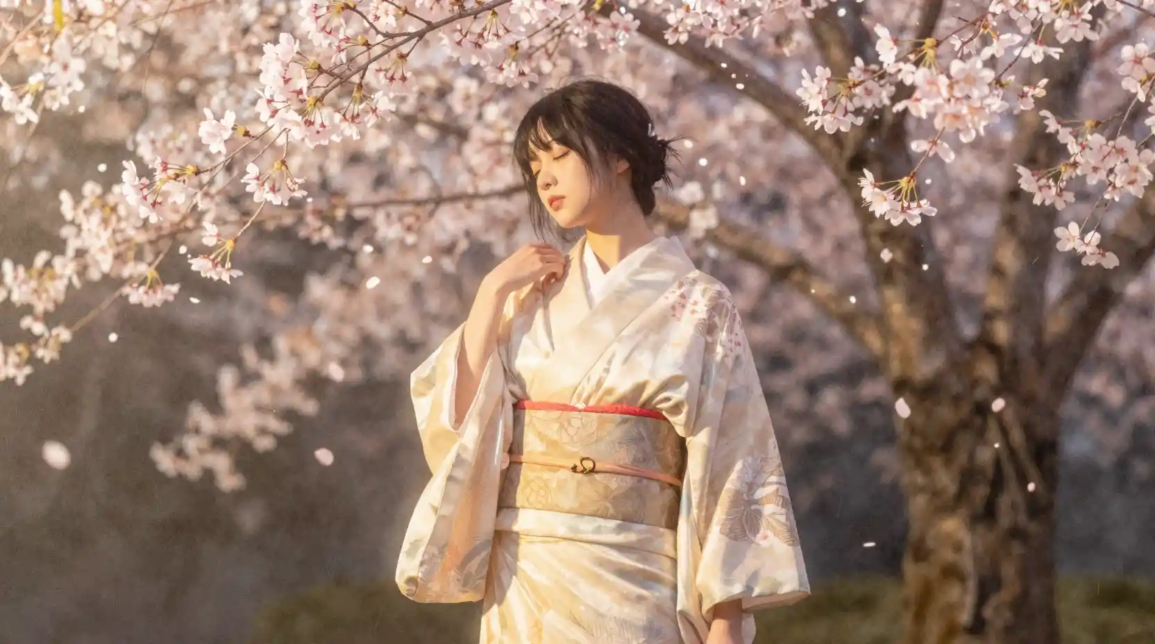Woman in silk kimono amid static and falling cherry blossoms