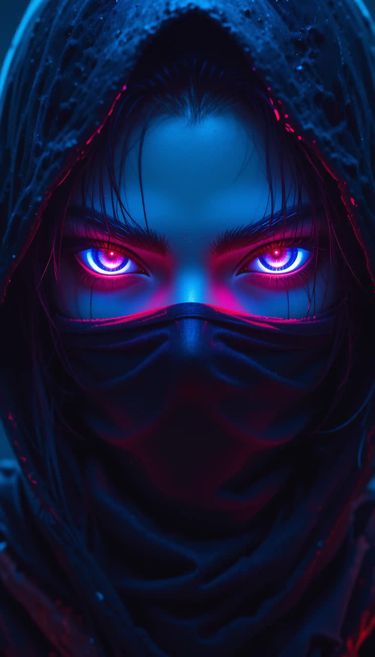 Anime ninja eyes glowing in neon shadows