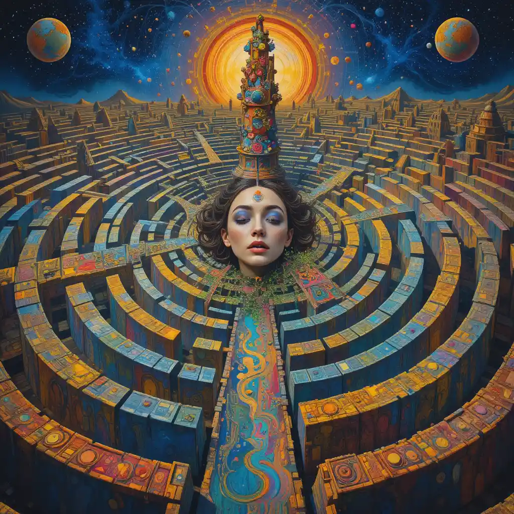 Surreal psychedelic maze with a female face at the center