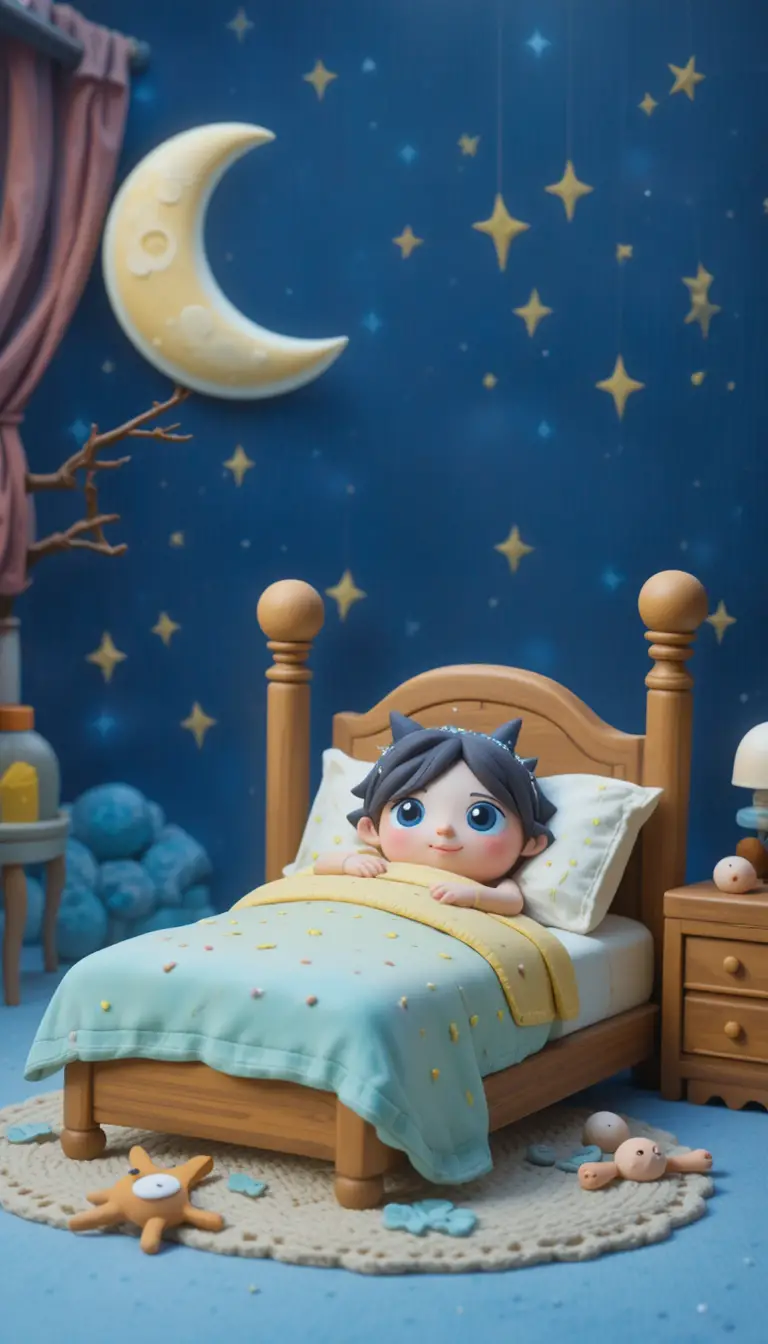 Childish flat illustration of a scary night time bed scene