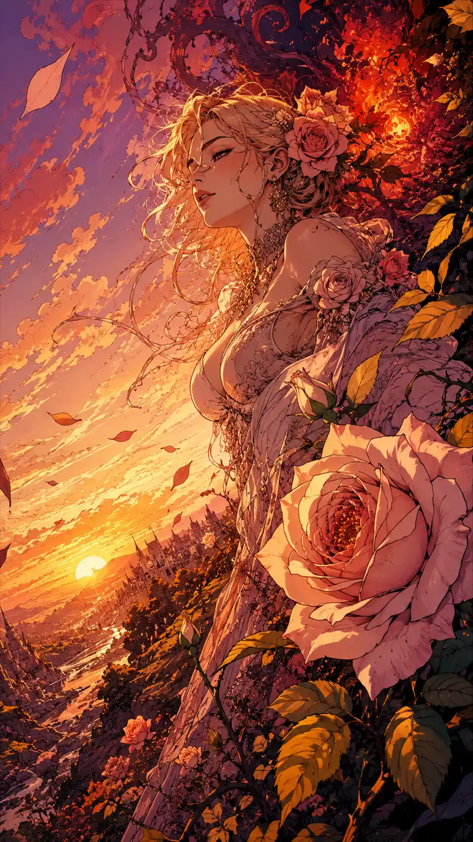Golden flowers glowing softly in the sunset breeze