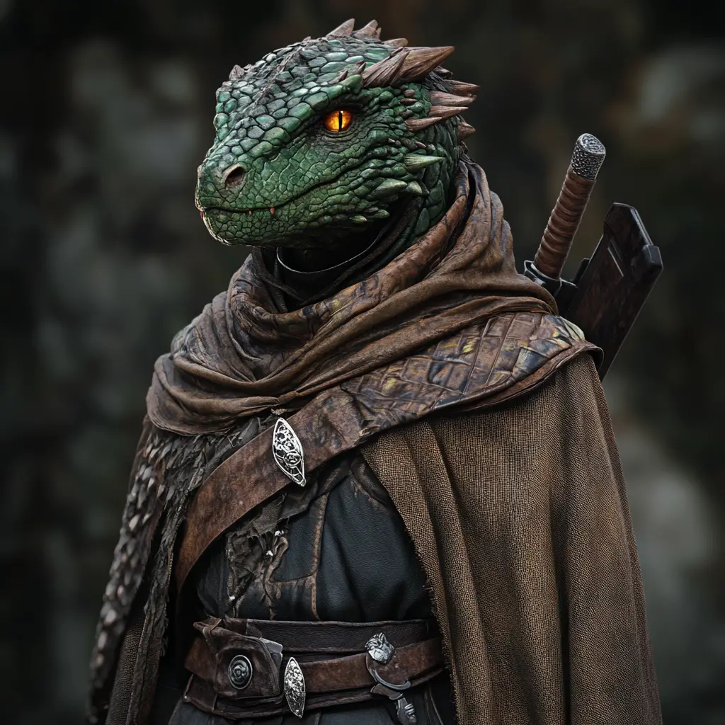 Dragonborn ranger hunter with green scales and cloak