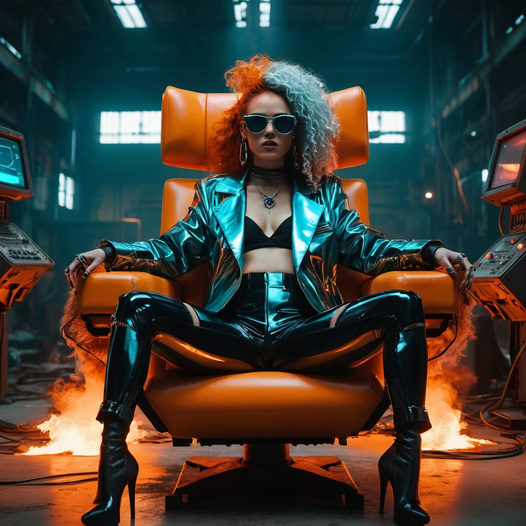 Cyberpunk queen posing in a ruined robotic factory