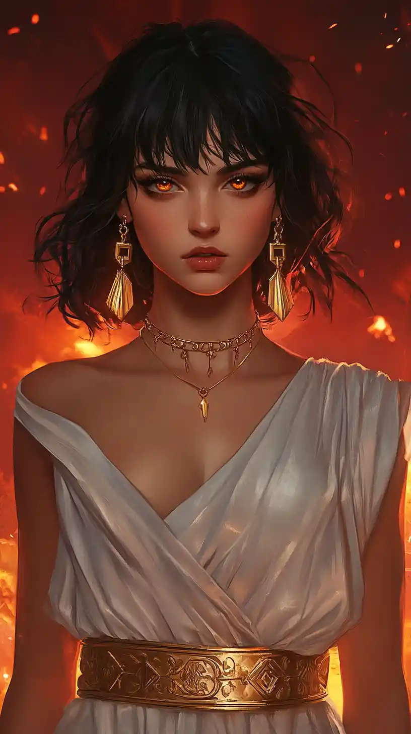 Regal anime woman in gold jewelry with fiery backdrop