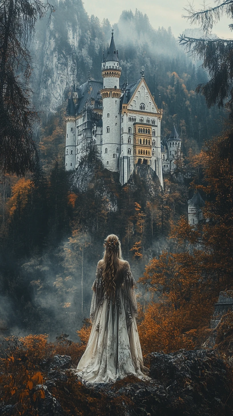 Gothic girl portrait at Neuschwanstein castle at dusk