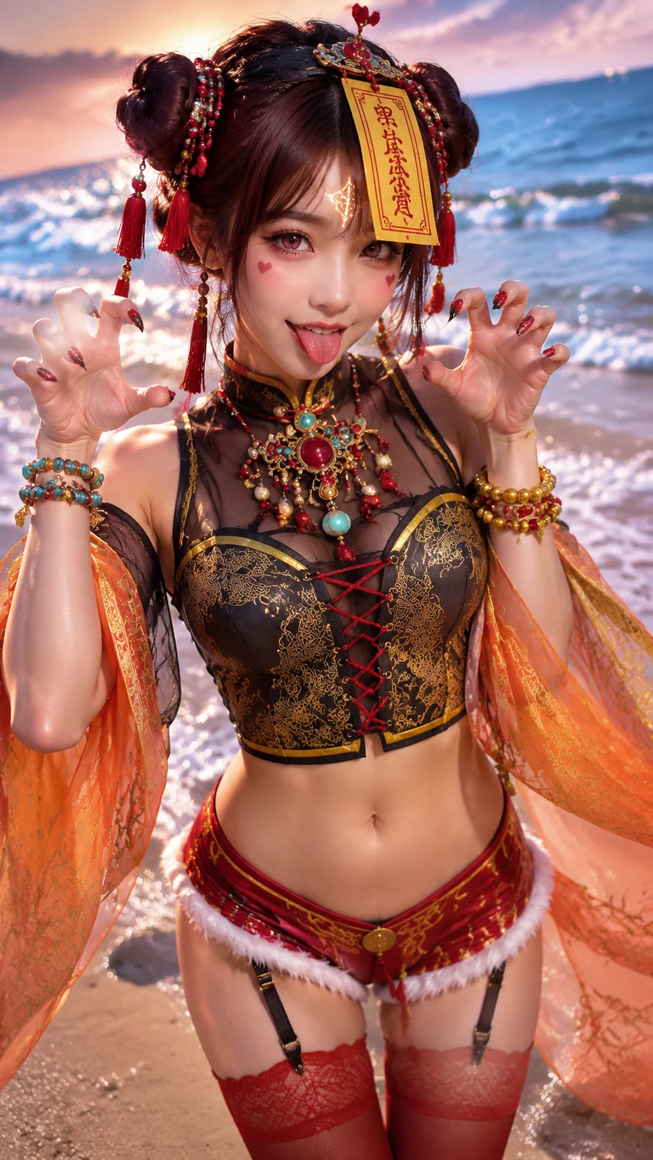 Playful anime woman in sling swimsuit with water splashes