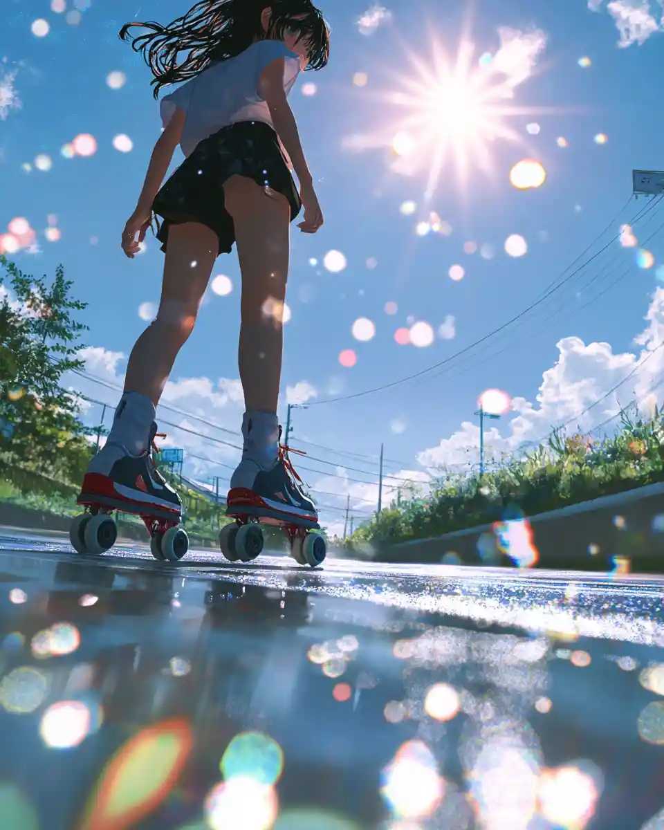 Anime roller skates racing beside water under bright sunlight