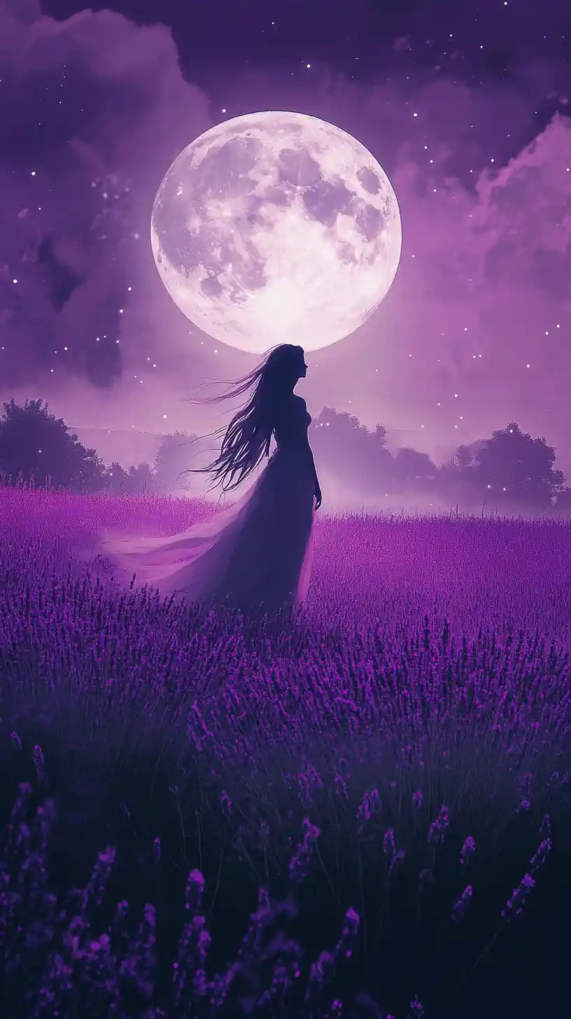 Woman Silhouette In Lavender Field Under Glowing Full Moon
