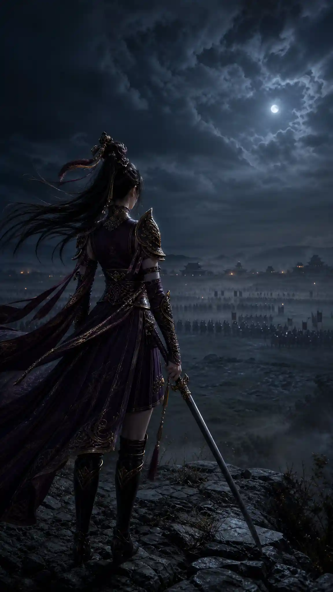 Armored heroine poised for battle in a stormy night