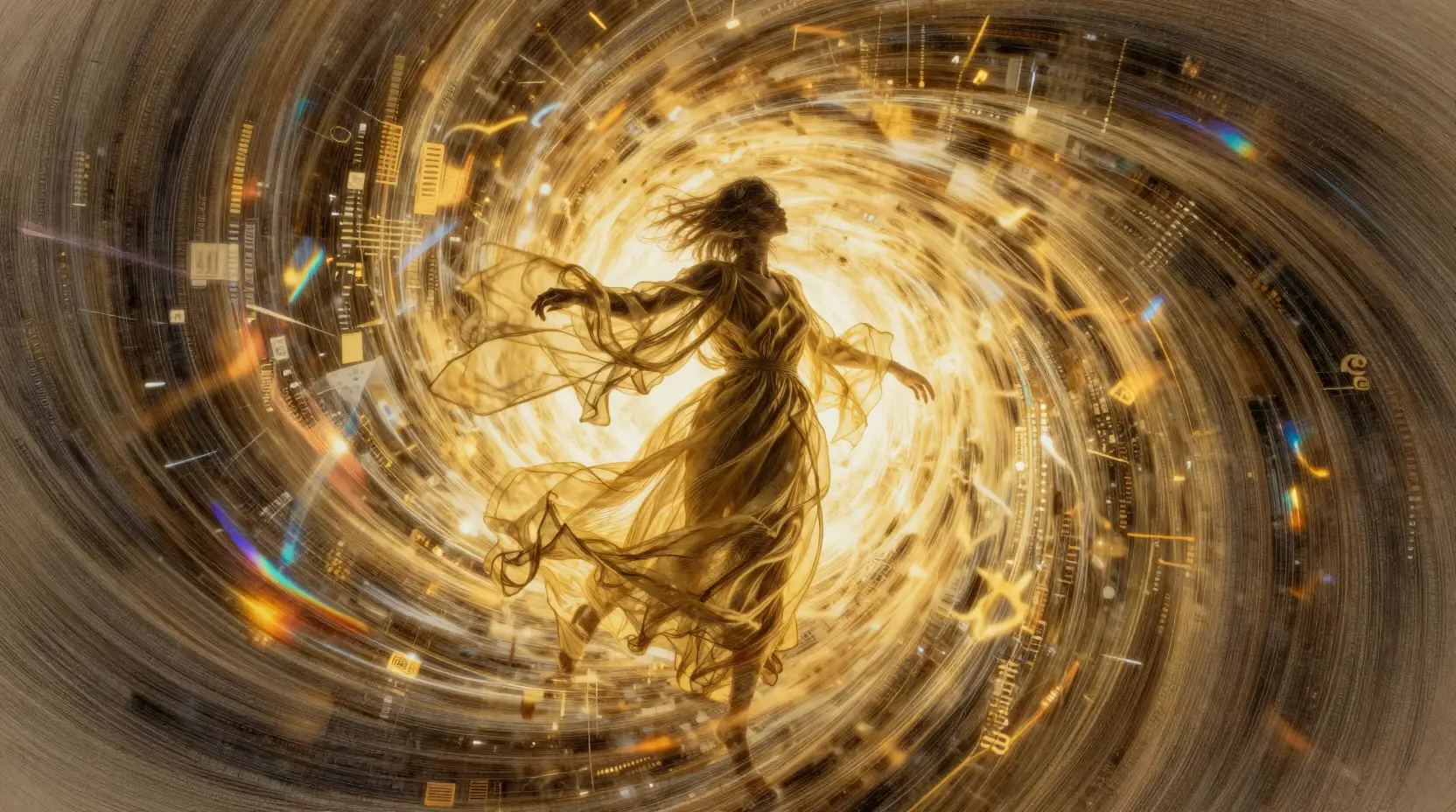 Figure In Golden Vortex With Billowing Chiffon Robes