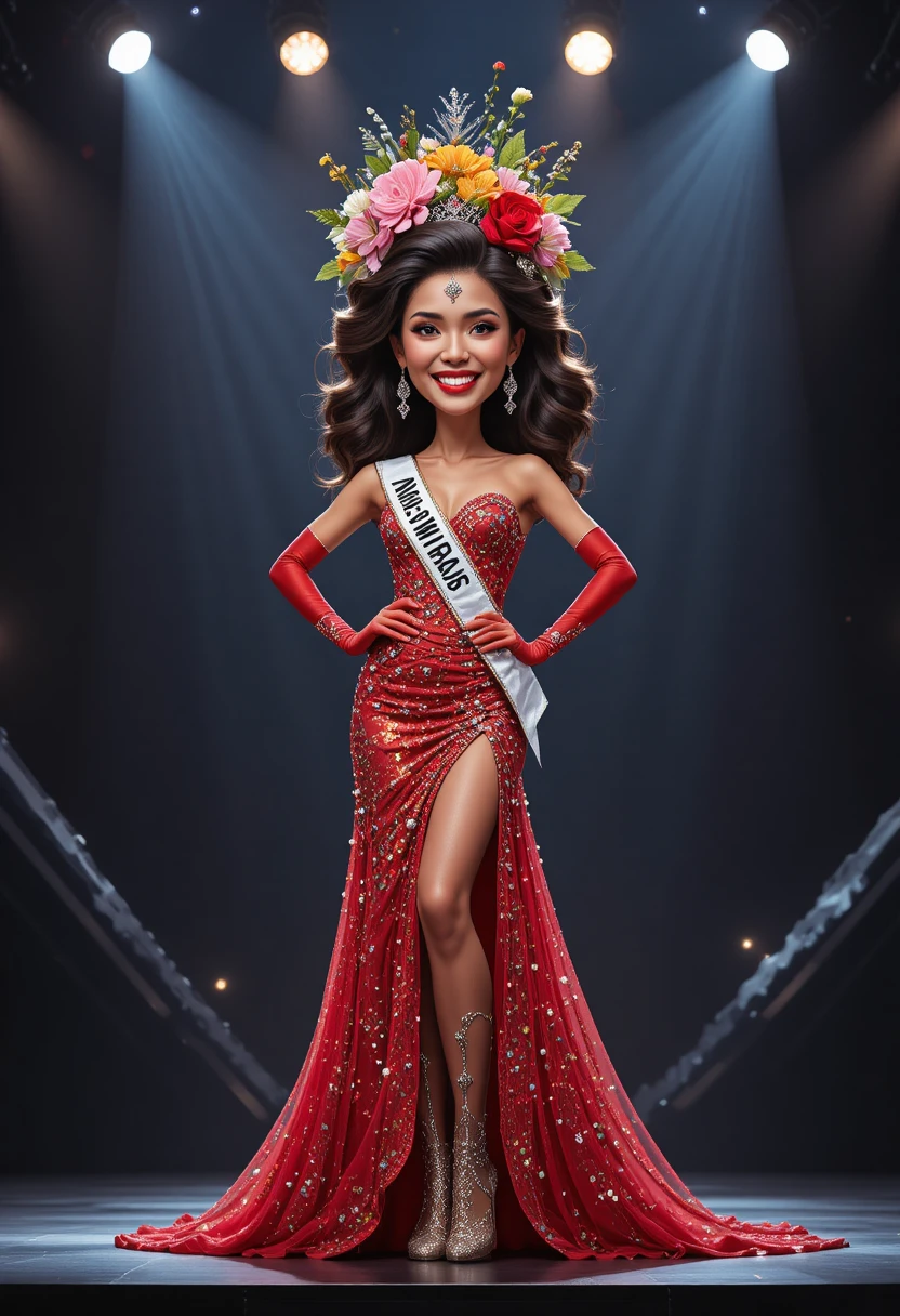 Smiling pageant contestant in red gown under stage spotlights