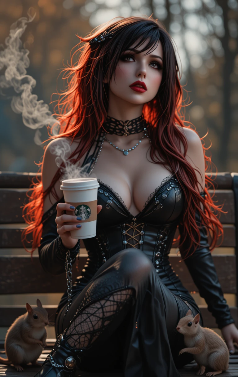 Mysterious red haired woman on a park bench