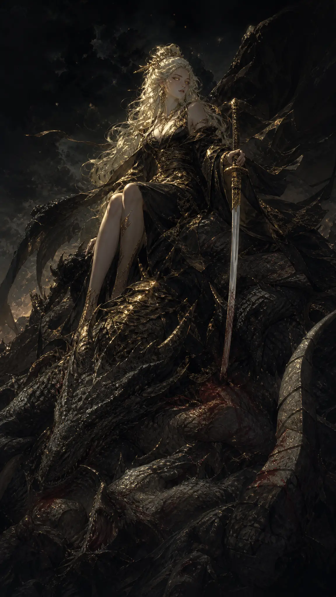 Warrior woman atop dragon corpses in dark fantasy scene