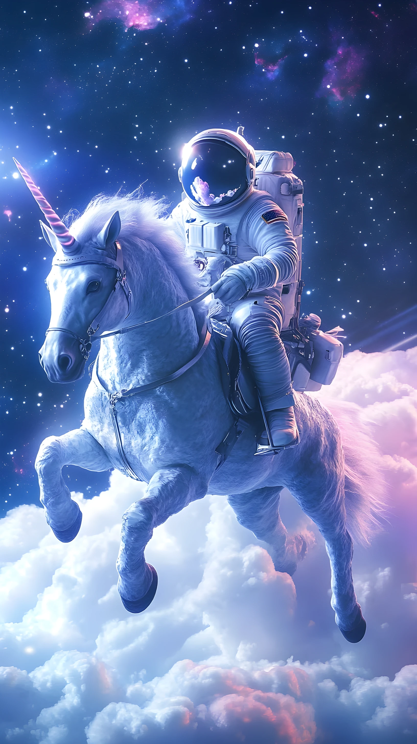 Astronauta montando un unicornio de nubes en el espacio exterior