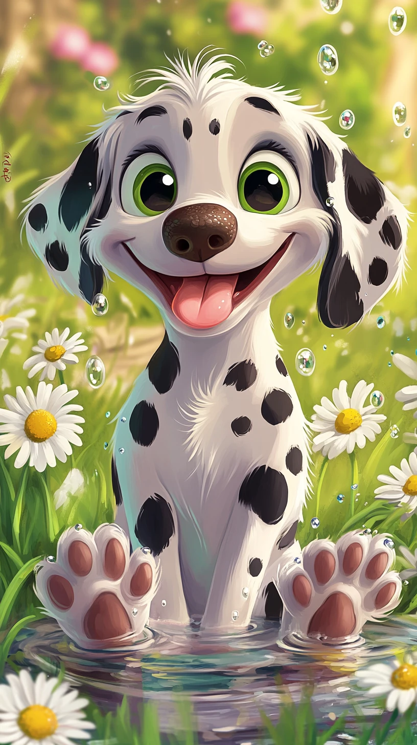 Cute dalmatian puppy in colorful outdoor flower scene