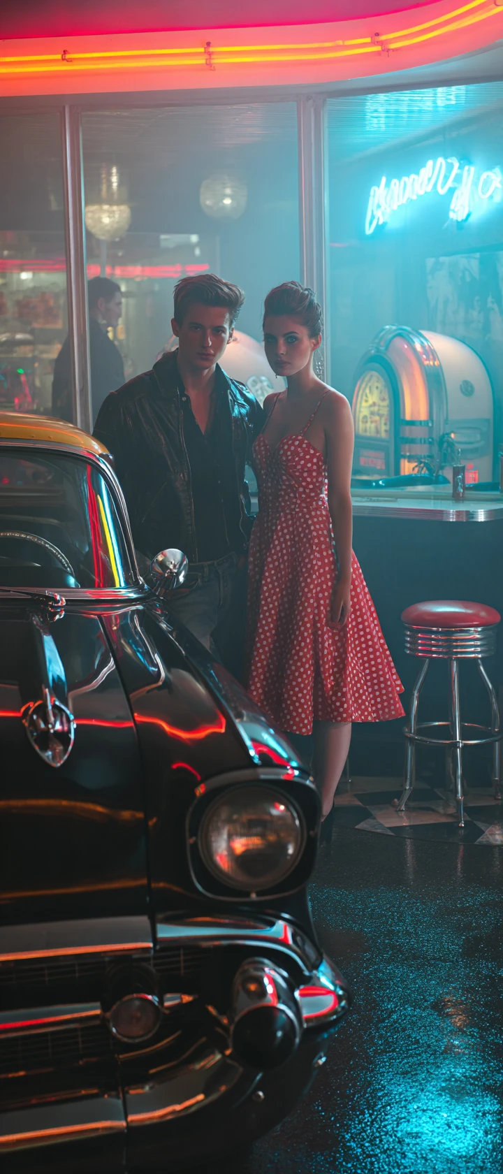 Pareja rockabilly con hot rod frente a un diner de neón