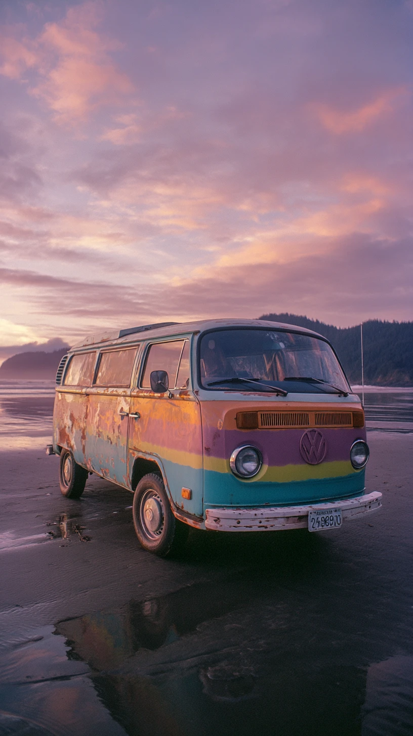 Bunter Vintage-Van am Strand bei Sonnenuntergang geparkt