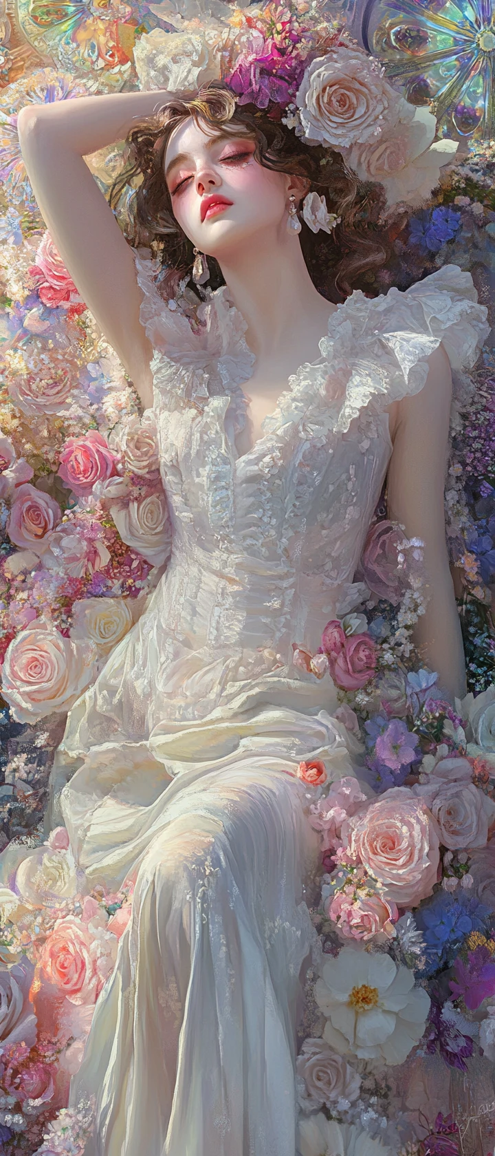 Mujer de fantasía romántica sobre plataforma floral encantada