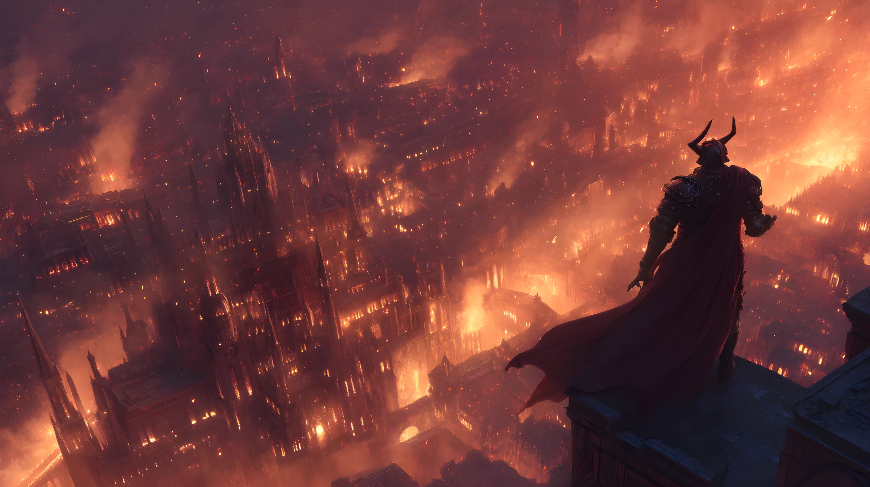 Guerrero de fantasía oscura contemplando una ciudad medieval en llamas