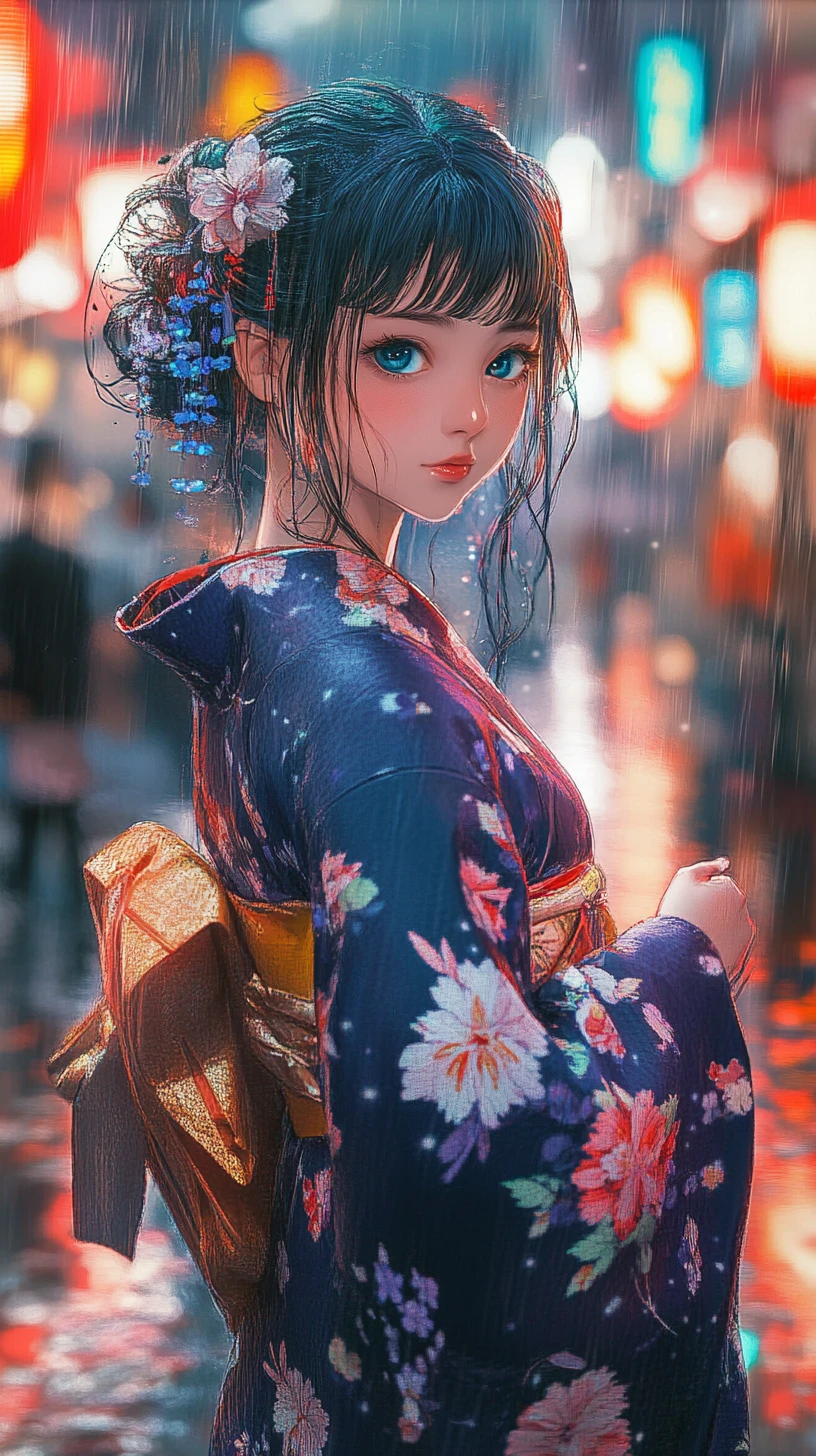 Stylish anime woman in kimono in neon lit alley