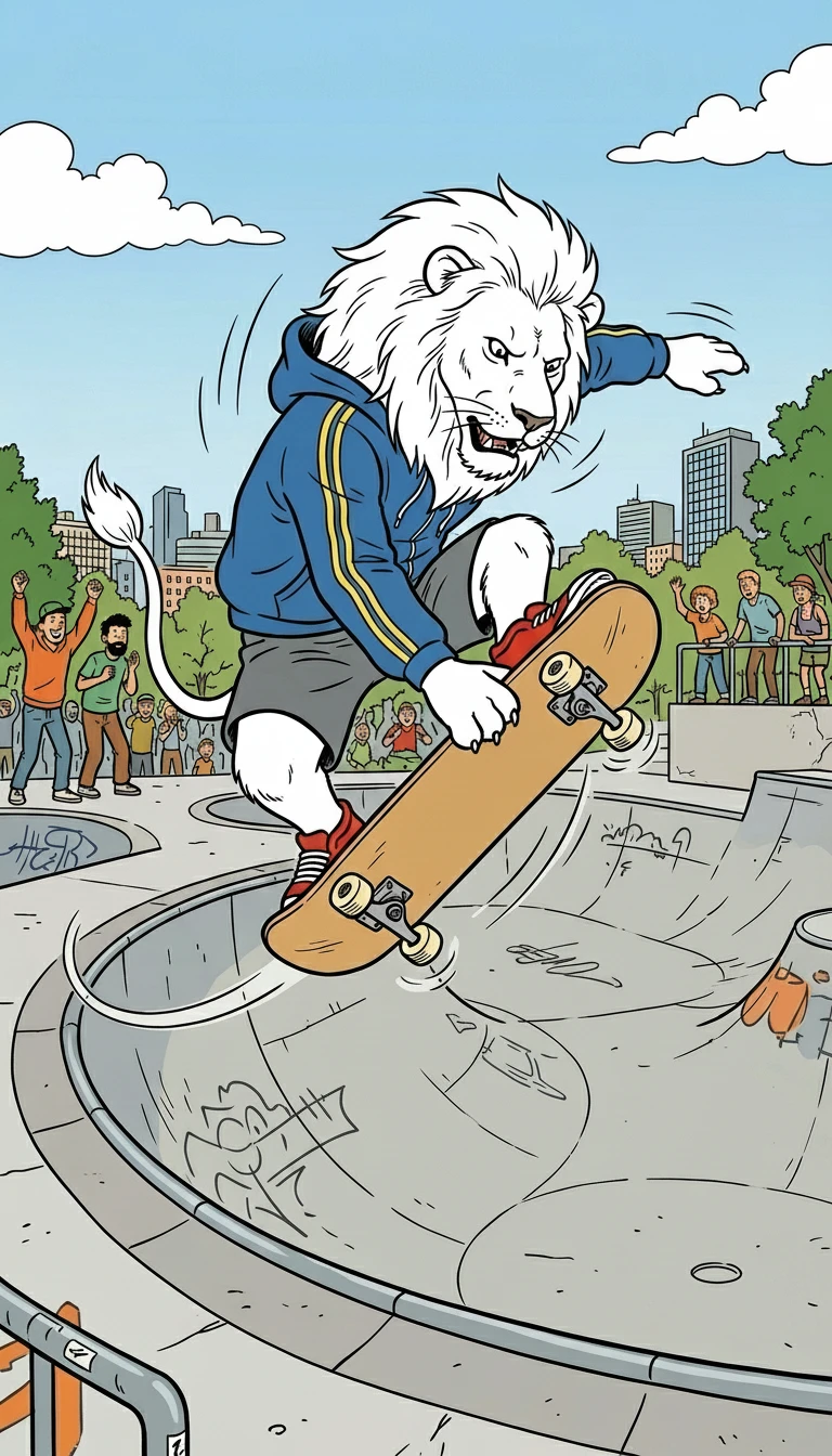 Weißer Löwe auf dem Skateboard im dynamischen Comic-Stil aus der Nähe