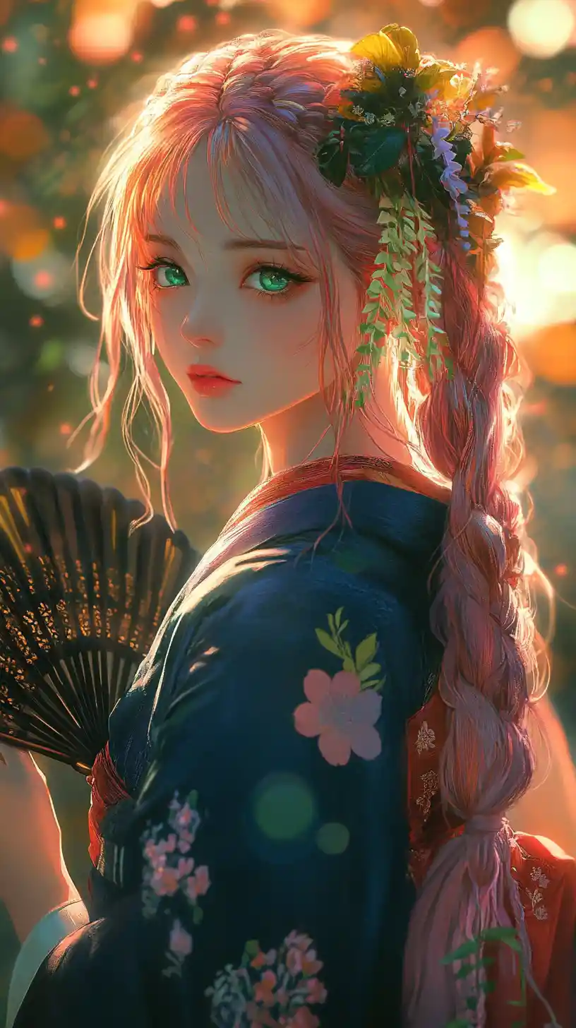 Anime girl in kimono with fan in glowing night garden
