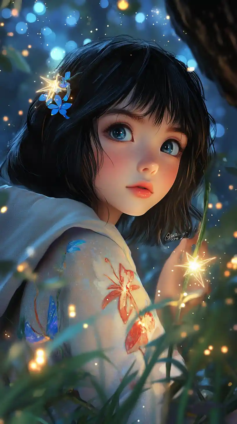 Anime girl with glowing plant in a magical night forest