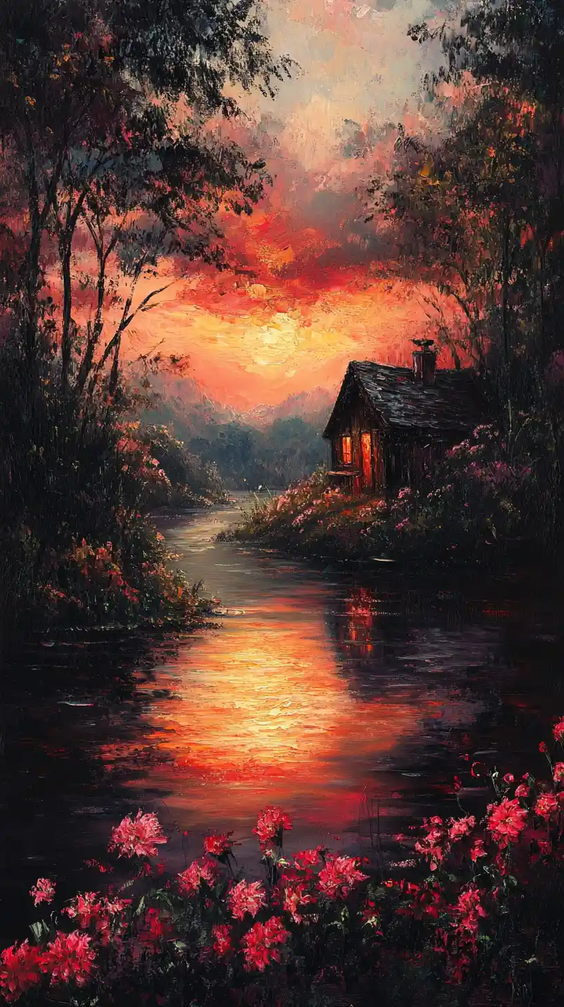 Tranquilla Casa sul Fiume al Tramonto in Stile Impressionista