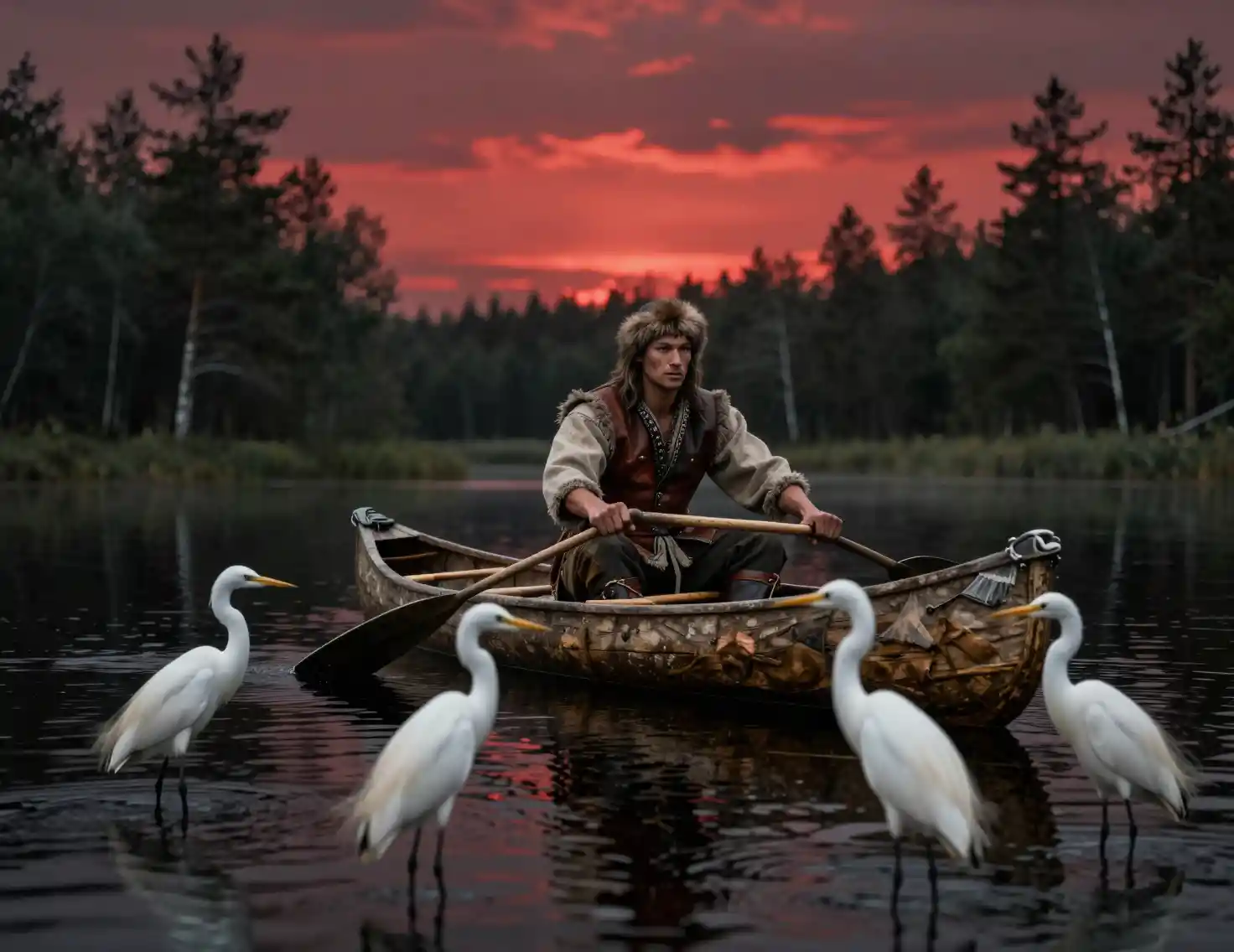 Man rowing a wooden canoe under a red sunset sky