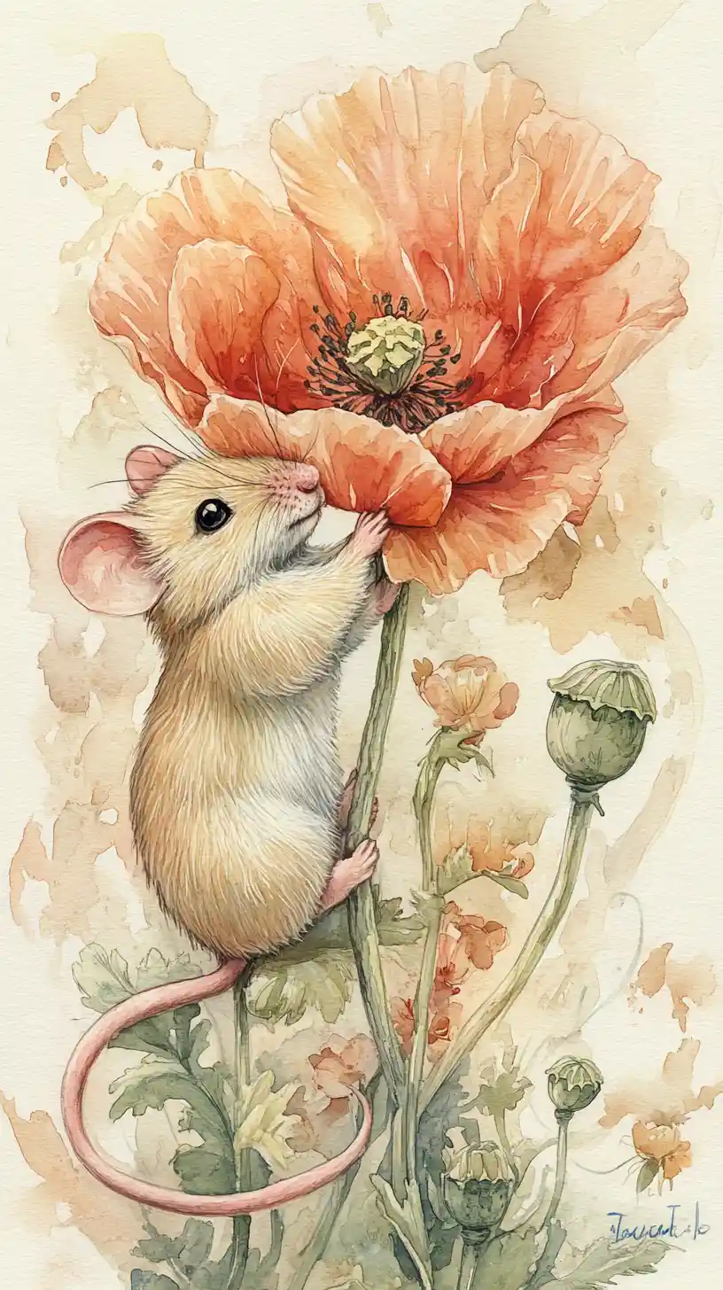 Cute mouse sniffing a large poppy in watercolor