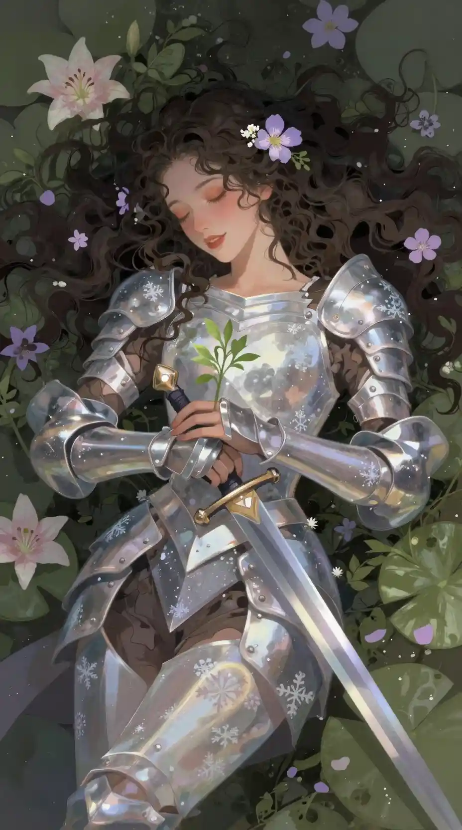 Sleeping warrior woman in floral armor among leaves