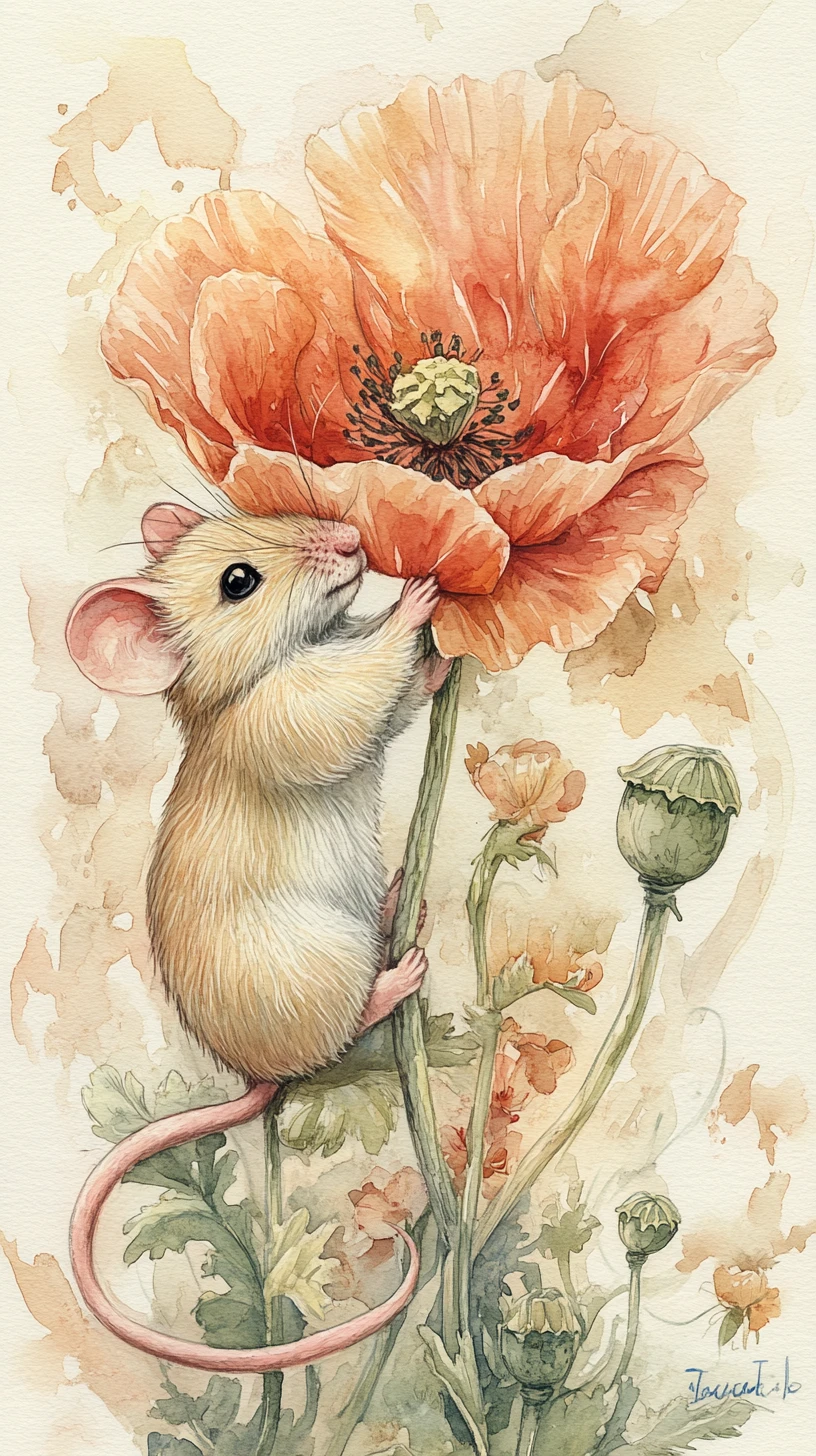 Cute mouse sniffing a large poppy in watercolor