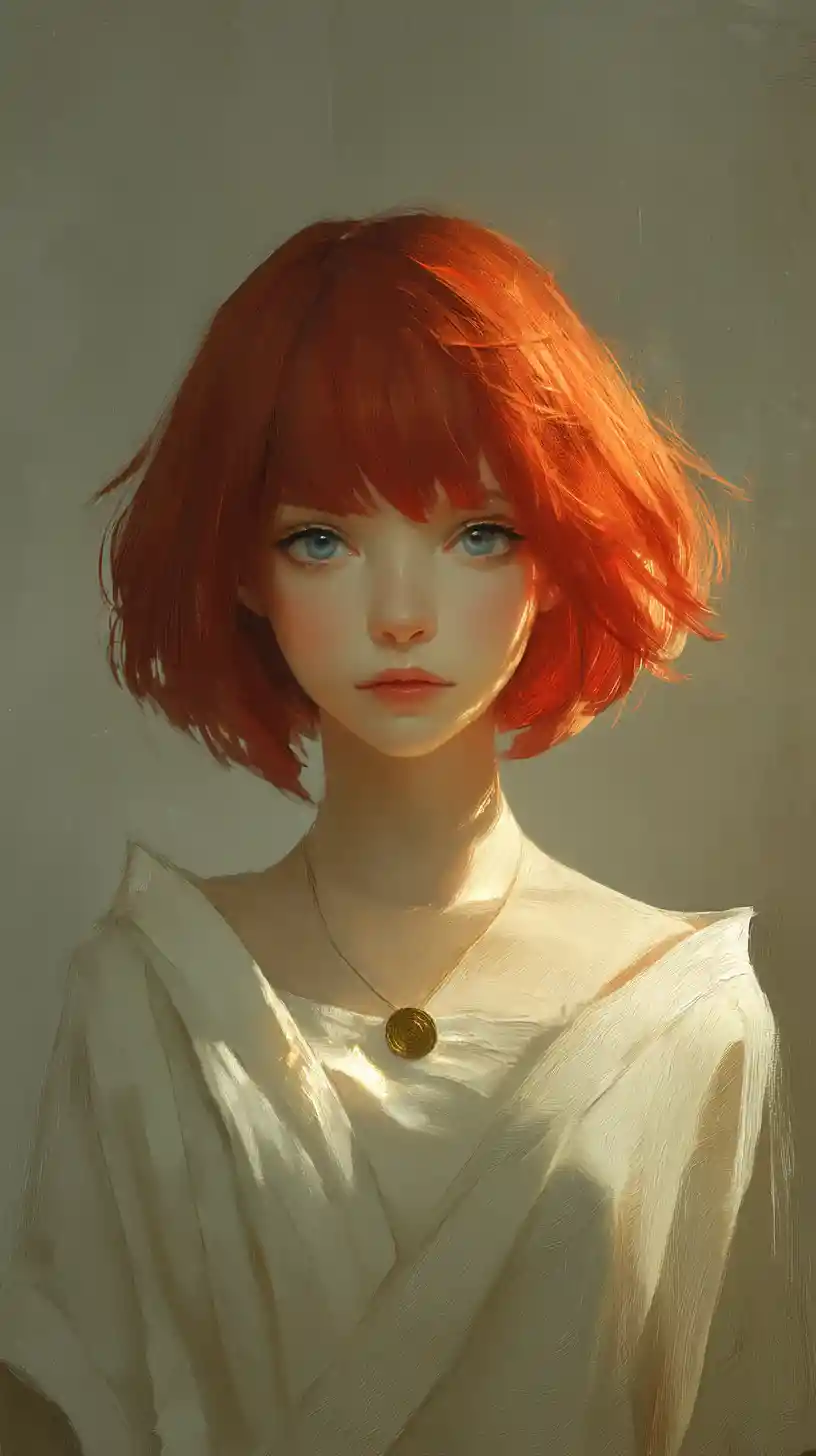 Serene crimson haired priestess portrait in soft golden light