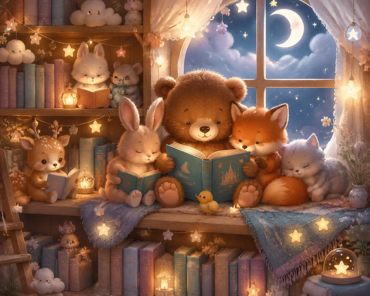 Tiny Animals Reading Storybooks On A Cozy Pastel Shelf