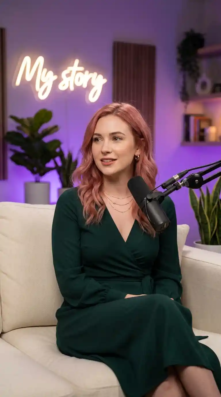Young woman on cream sofa in neon lit interview studio