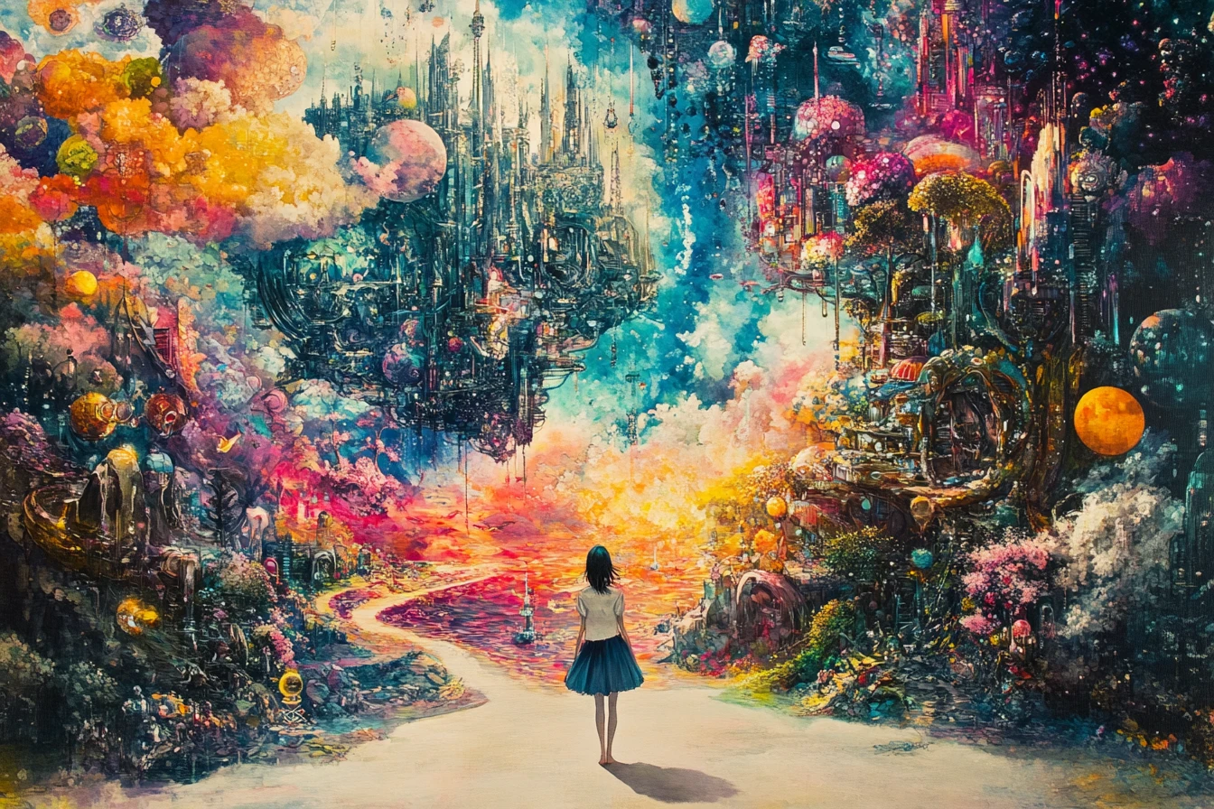 Surreal anime and K pop dreamscape in vibrant colors