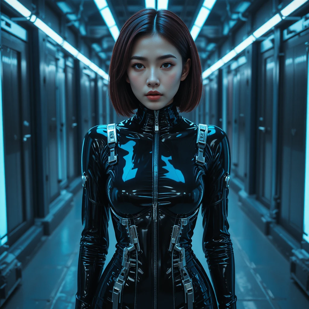 Korean woman in black latex dress in neon industrial interior