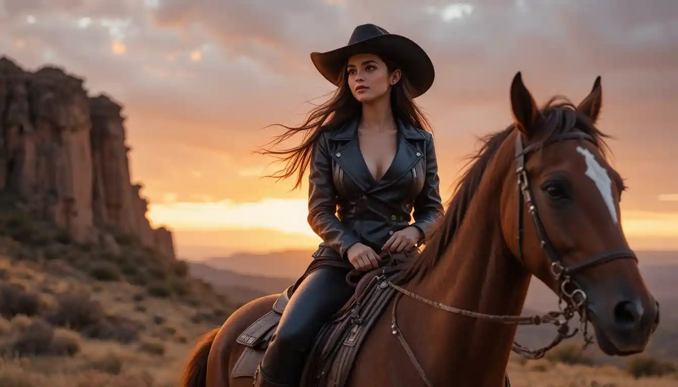 Young woman riding a brown horse at sunset