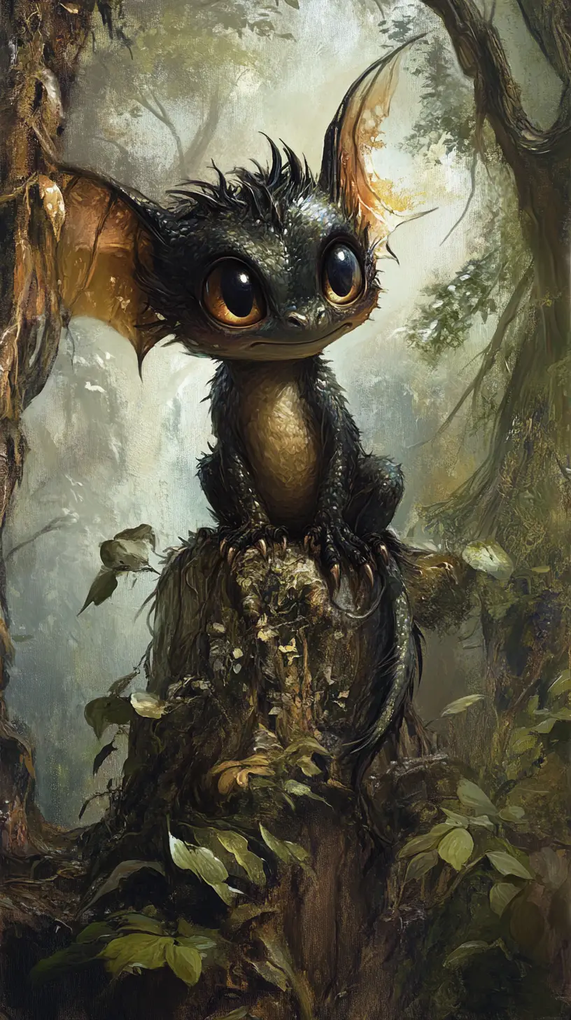 Cute gothic baby dragon perched on gnarled forest root