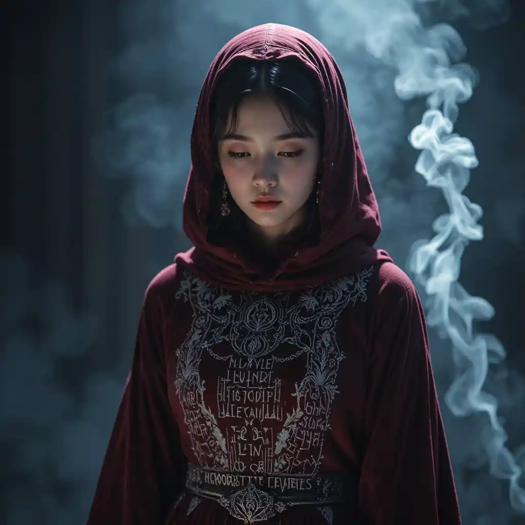 Solemn Korean freshman in red velvet ecclesiastical habit