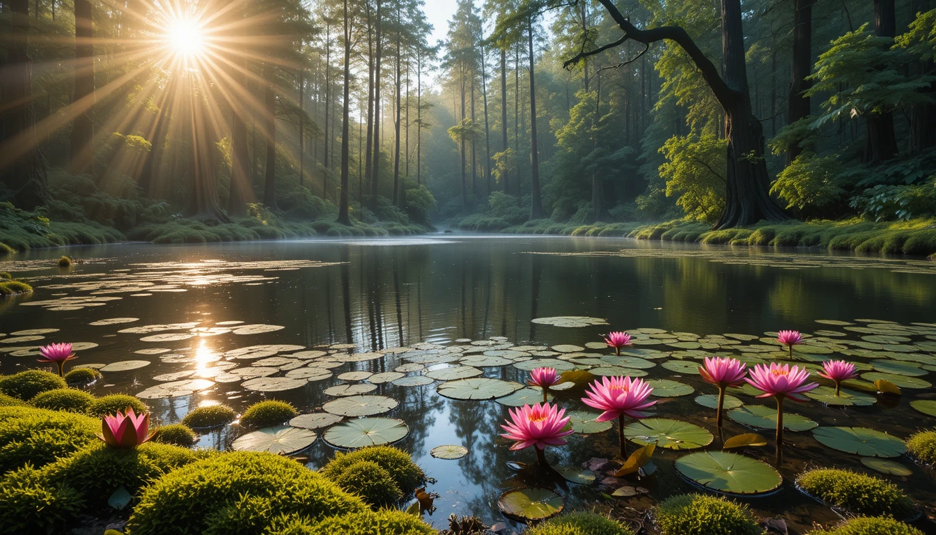Peaceful forest pond with blooming pink water lilies
