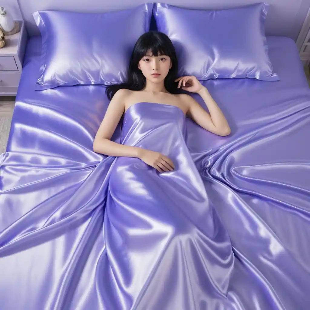 Beautiful japanese woman lying on shiny satin bed
