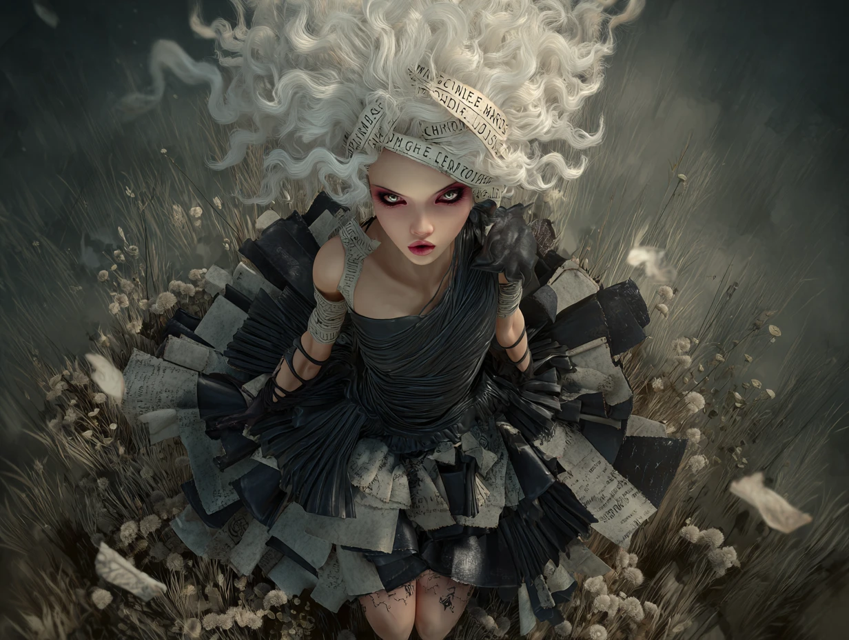 Dark fantasy woman in tattered dress on desolate meadow